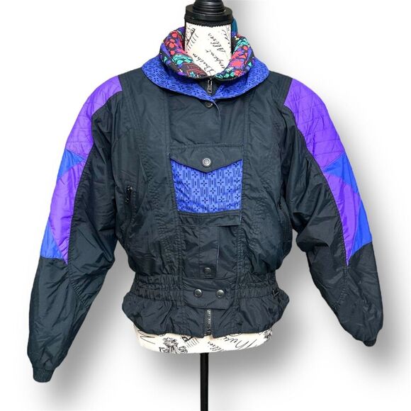 Vintage Edelweiss Skiwear Women’s Ski Bunny Bomber Jacket M Black Purple Retro - Picture 1 of 10